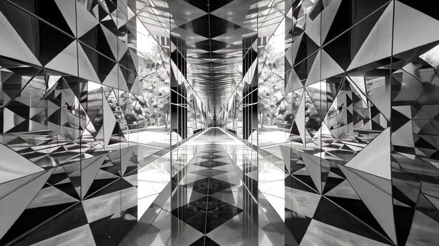 A black and white videograph of a long hallway with mirrored walls, creating a kaleidoscopic pattern of reflections