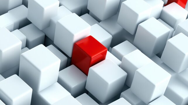 A single red cube stands out among a sea of white cubes, symbolizing uniqueness, AI