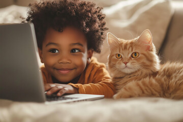 Fototapeta premium Happy little White Black Boy Child Using Laptop Cuddled With His Cat Kitten Pet
