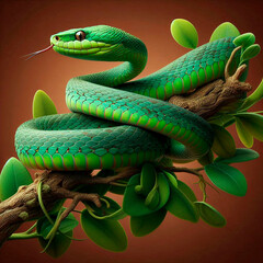 Obraz premium Green tree snake on a tree branch on a brown background.