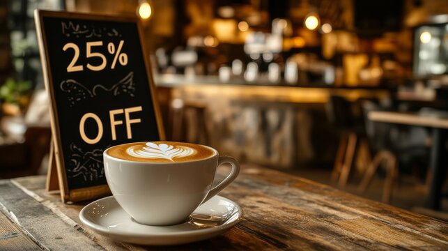 Cozy café scene featuring a coffee cup with latte art beside a chalkboard sign advertising 25% off drinks
