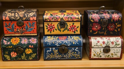 Fototapeta premium Decorative wooden boxes with intricate floral designs in various colors