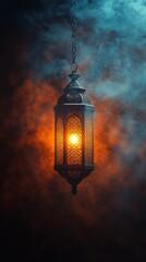 Decorative lantern illuminates a room with swirling smoke at dusk