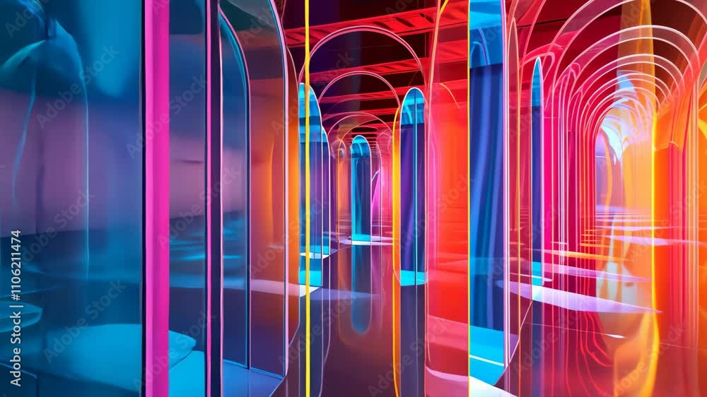 Poster a labyrinth of transparent arches illuminated by neon lights. the arches create a mesmerizing and ab