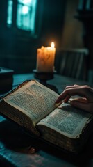 Quiet evening of reading by candlelight in a cozy room with an old book
