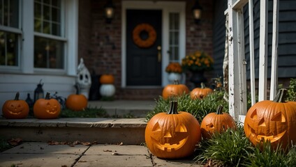 Obraz premium Halloween decorations with spiders, ghosts, and Jack-o-lantern.