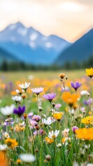 Fototapeta premium Colorful wildflowers bloom in a mountain meadow during sunset hours in the spring