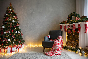 Christmas tree with fireplace gifts garlands for the new year