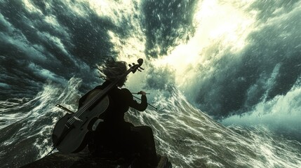 Obraz premium Cellist Plays Amidst a Stormy Seascape