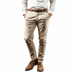 Tan trousers, white shirt, brown shoes, hands in pockets.