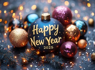 Group of Colorful Ornaments Happy New Year 2025.