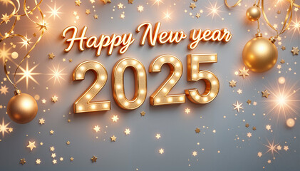 Happy New Year 2025 golden invitation card. Greeting card. Celebration. Сongratulation