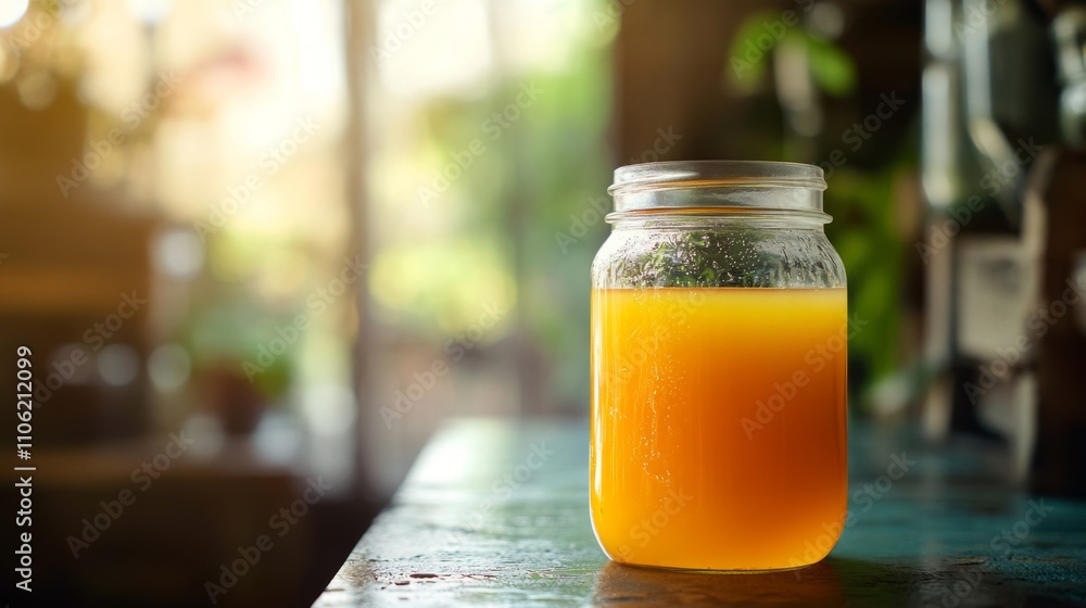 Aufkleber A jar filled with vibrant orange juice sits on a rustic wooden table. Soft sunlight filters through the greenery, creating a warm and inviting atmosphere perfect for enjoying a refreshing drink.