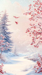 Snowy landscape with red leaves, snowy pine trees, and flying birds, in pastel colors, in a digital art style, cute, fantasy