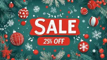 Holiday Sale Banner Featuring 25% Off Promotion with Christmas Ornaments and Festive Elements on a Green Background