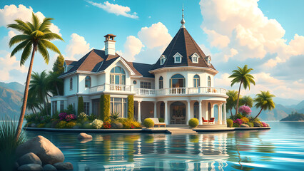 cartoon photo, beautiful colorful luxury house by the lake, close up