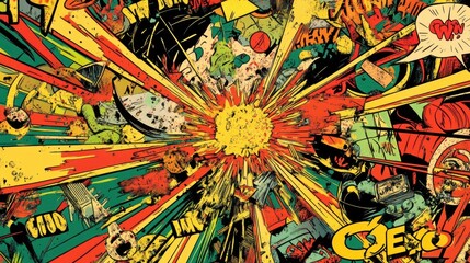 A vibrant comic-style explosion graphic filled with dynamic colors and action elements.