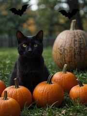 Halloween scene with a black cat, pumpkins, and bats.