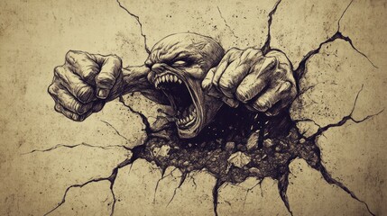 A fierce face emerging from cracked walls, symbolizing anger and struggle.
