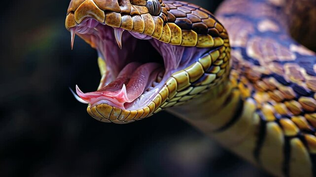 A close-up shot of a large snake with its mouth open wide, revealing its sharp teeth and pink tongue