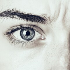 Close-up, gray-toned eye,  eyelashes, eyebrow, skin texture.