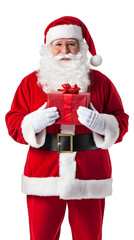 Portrait of Happy Santa Claus holding gift isolated on white background	