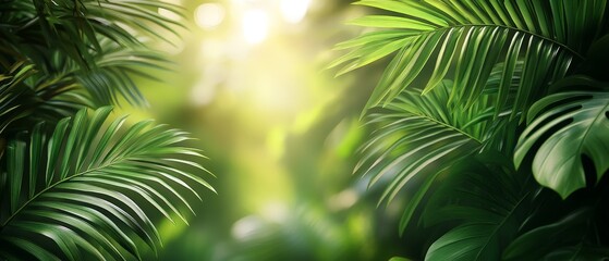 Lush green foliage with sunlight filtering through, creating a serene, tropical atmosphere.