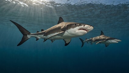 Fototapeta premium Hammerhead sharks gracefully swimming in the ocean.
