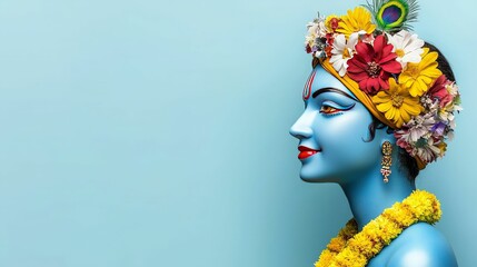 Hindu gods concept. A vibrant statue of a blue-skinned deity adorned with flowers and jewelry, showcasing intricate details against a soft blue background.
