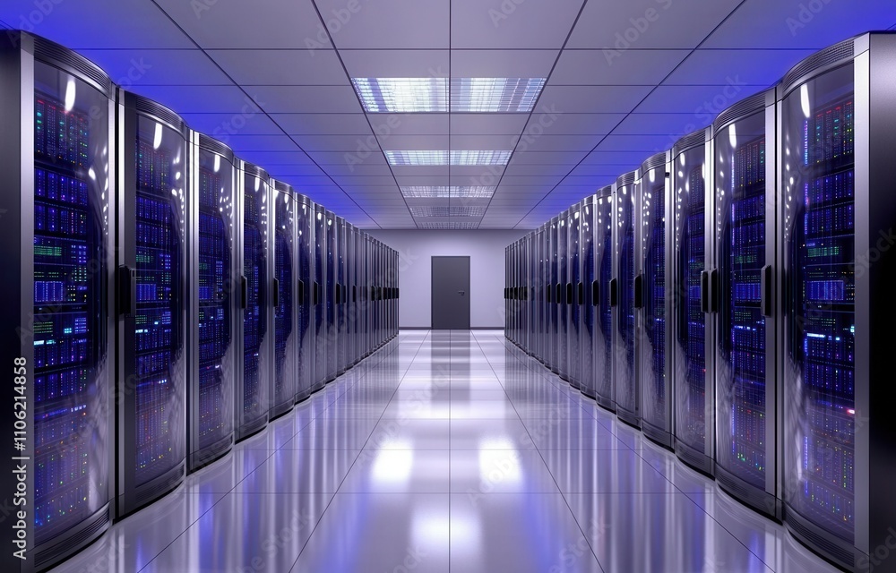 Poster 3d rendering of a data center room's storage systems and network connections