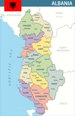 Obraz premium Albania Map Vector New 2024 Colorful - Customizable layered political map of Albania with administrative divisions for website, education, reports, news, politics, print, poster and wallpaper