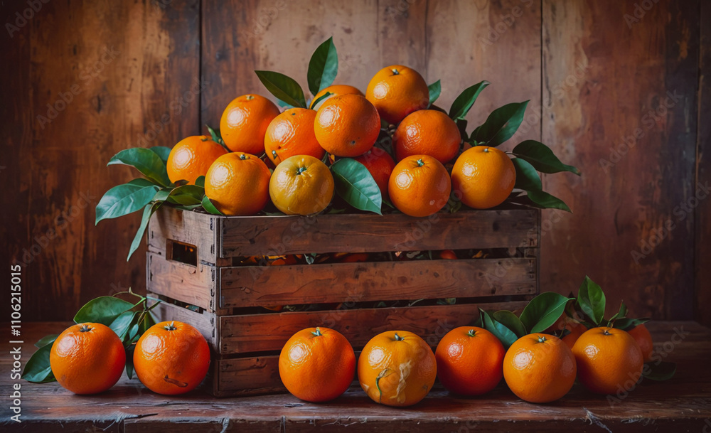 Poster Crate full of oranges with green leaves on top. There are many oranges in the crate. Some of them are ripe and ready to eat