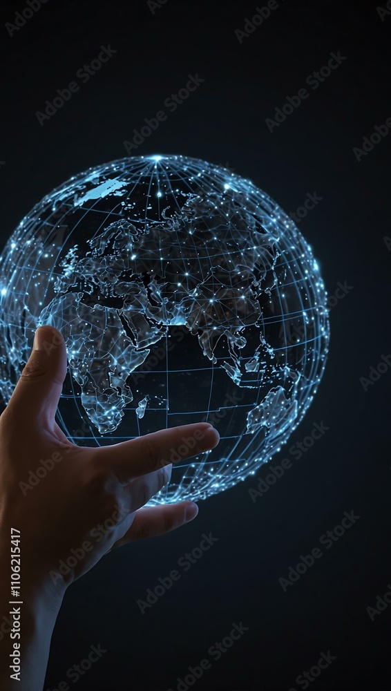 Poster hand holding a glowing digital globe with data points.