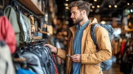 Image of Bold and masculine store facade with handsome man examining outdoor gear and gadgets inside