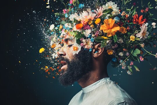 creative barber man head exploding with colorful paint and flowers