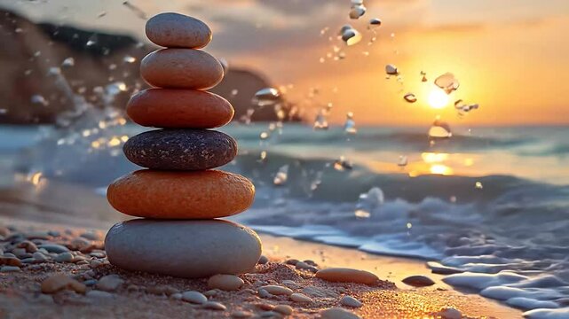 Zen balanced stones stack on the beach