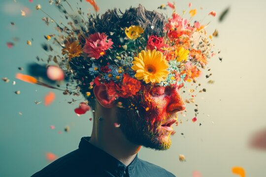 creative barber man head exploding with colorful paint and flowers