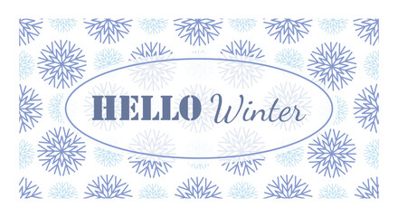Hello winter. 1st December as a symbol of winter beginning. Hand drawn vector illustration in flat style. Blue snowflakes background. Vector web banner, greeting card, snowfall design, square frame