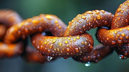 Close-up of rusty chain links with water droplets.