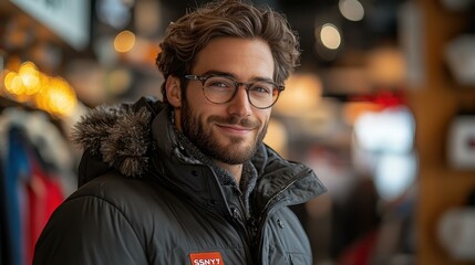 Winter Smile. Visor glasses Adjustable Polarized sunglasses Gorpcore Heated Jacket Looks maxing Lensabl Montec Freewell Properly Tied Young man with and smiling indoors