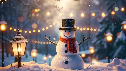A snowman with a top hat and red scarf smiles amidst a snowy, nighttime scene. String lights illuminate the winter landscape, creating a magical atmosphere - Powered by Adobe