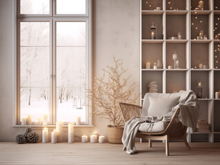 Neutral rustic minimalist Christmas interior. Japandi and wabi sabi style living room decorated for Christmas. Simple cozy Christmas interior. Winter interior with plaid accent