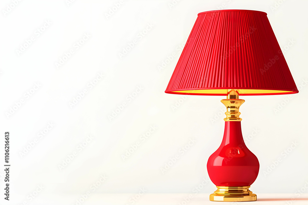 Poster elegant red table lamp with golden base and pleated shade brightening a minimalist room setting perf