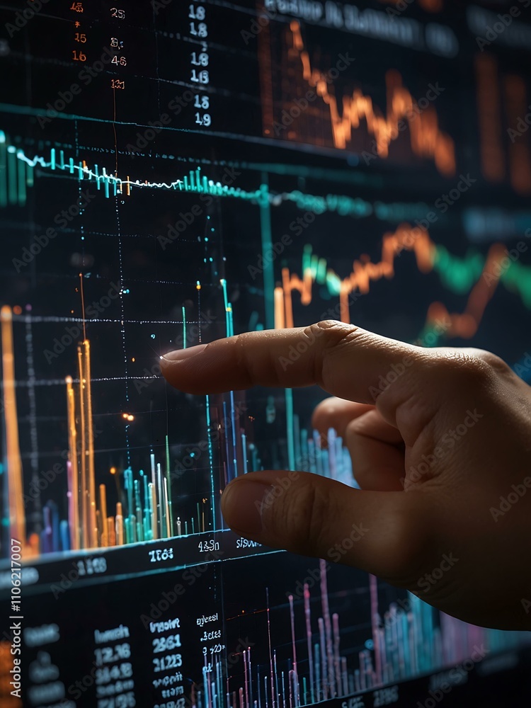 Poster hand touching financial graphs with glowing data visualizations.