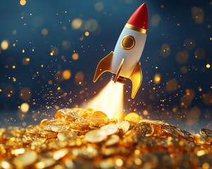 A small rocket taking off from a pile of gold coins, glitters, stock and crypto market bull run concept
