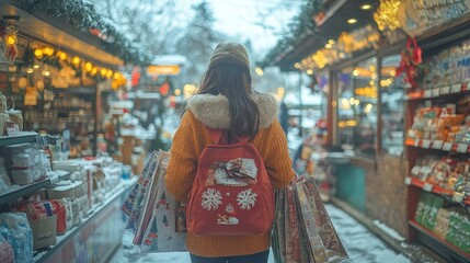 A Carrying multiple bags the adorable woman leaves the checkout offering goodbyes to the salesadorable womans at the exit