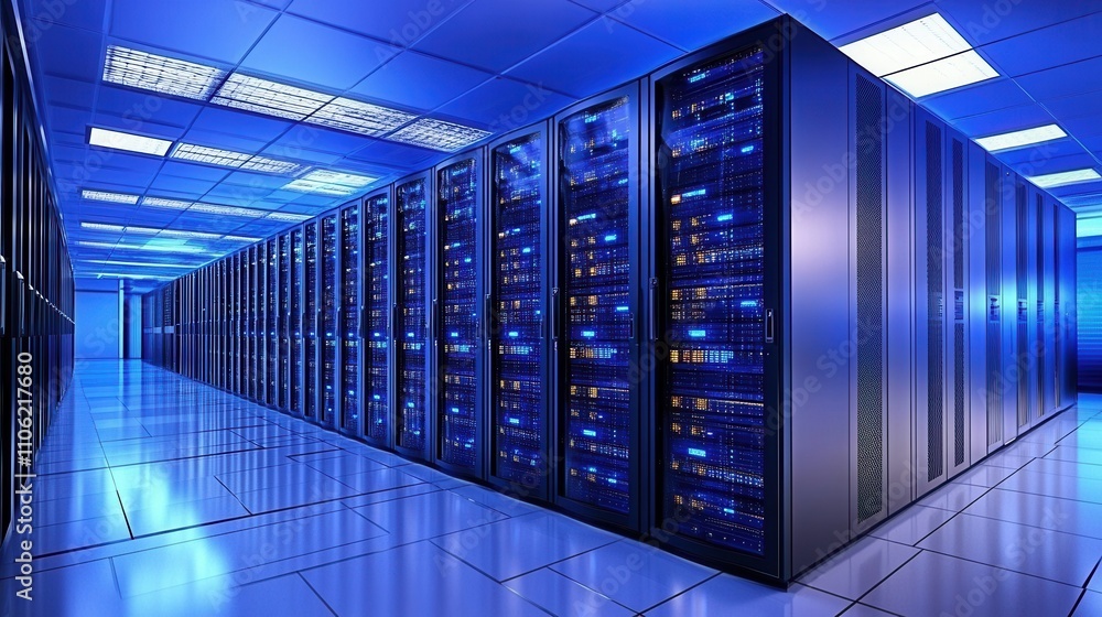 Poster a modern data center filled with multiple rows of operational server racks, highlighting the latest 