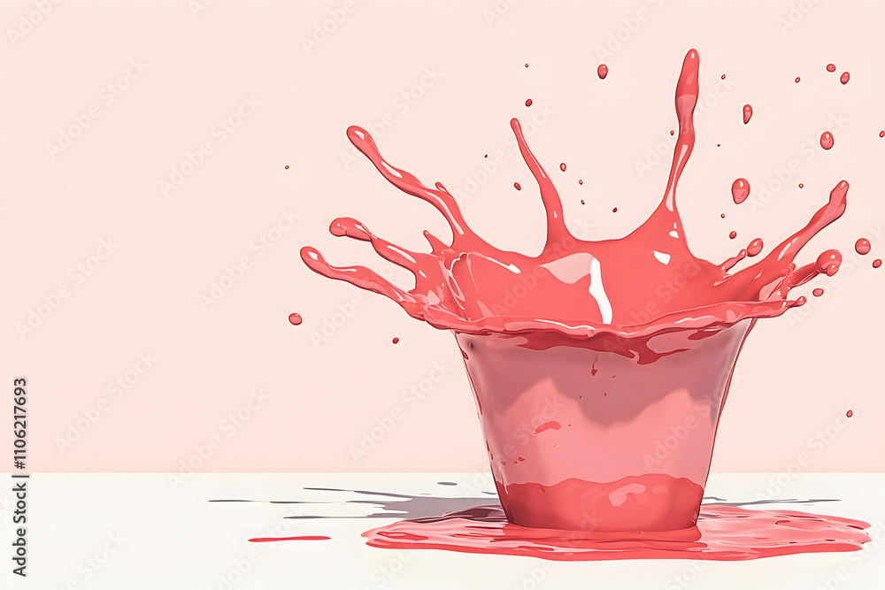 Poster vibrant pink liquid splash in a clear container against a soft pink background showcasing dynamic mo