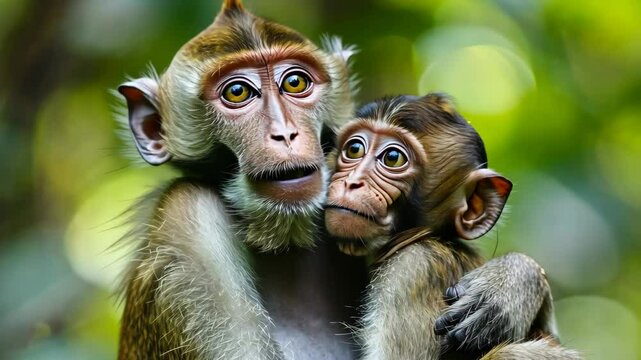 A macaque mother protectively holds her infant close in the lush rainforest, providing a sense of safety and comfort