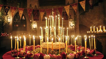 A large, round birthday cake with many candles sits on a red tablecloth in a dimly lit room decorated with banners